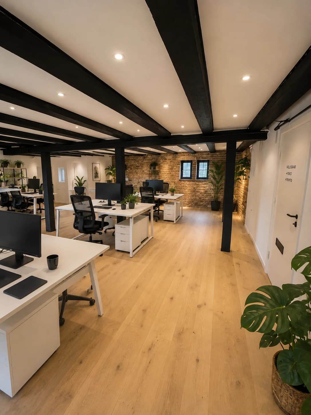 Cluster Workspace kontorfællesskab med hæve-sænkeborde, murstensvægge og sorte bjælker